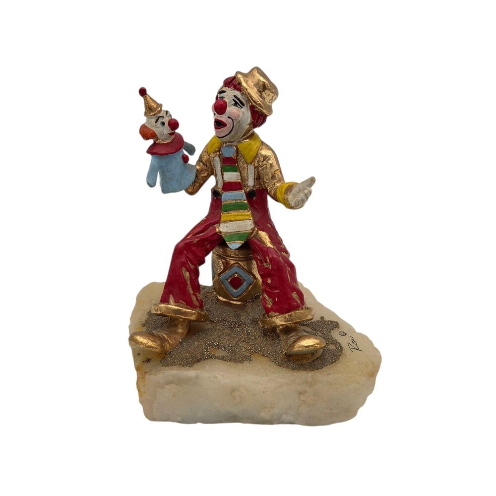 Ron Lee Signed Clown Poppy With Puppet 24k Gold Trim Onyx Base Figurine Decor